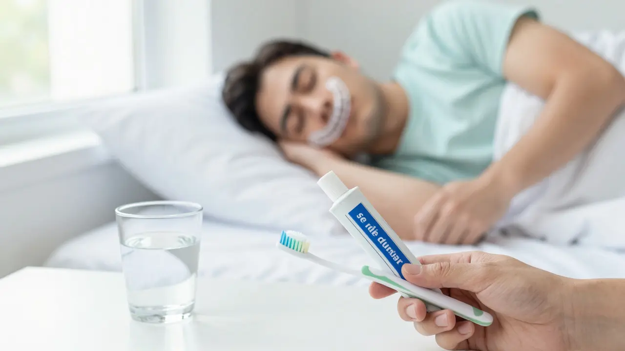 Toothbrush, fluoride paste, and a person sleeping with a night guard for dental protection