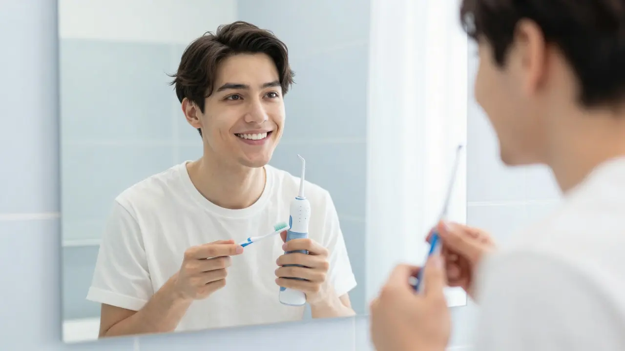 Úsměv člověka s rovnátky při péči o ústní hygienu