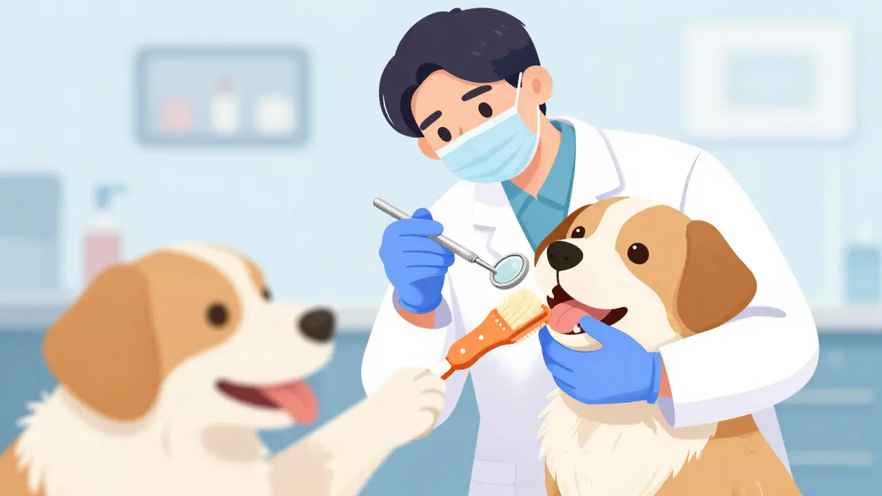 Veterinář kontroluje zuby psa po čištění