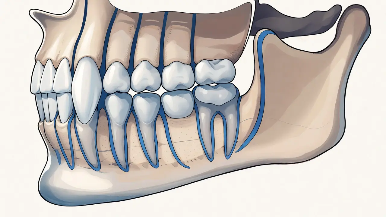 Anatomický řez čelistí zobrazující různé typy zubů a jejich kořeny v kosti.