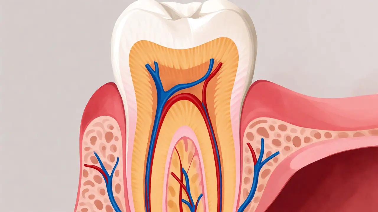 Anatomický řez zubem ukazující sklovinu, dentin a zubní dřeň s nervy.
