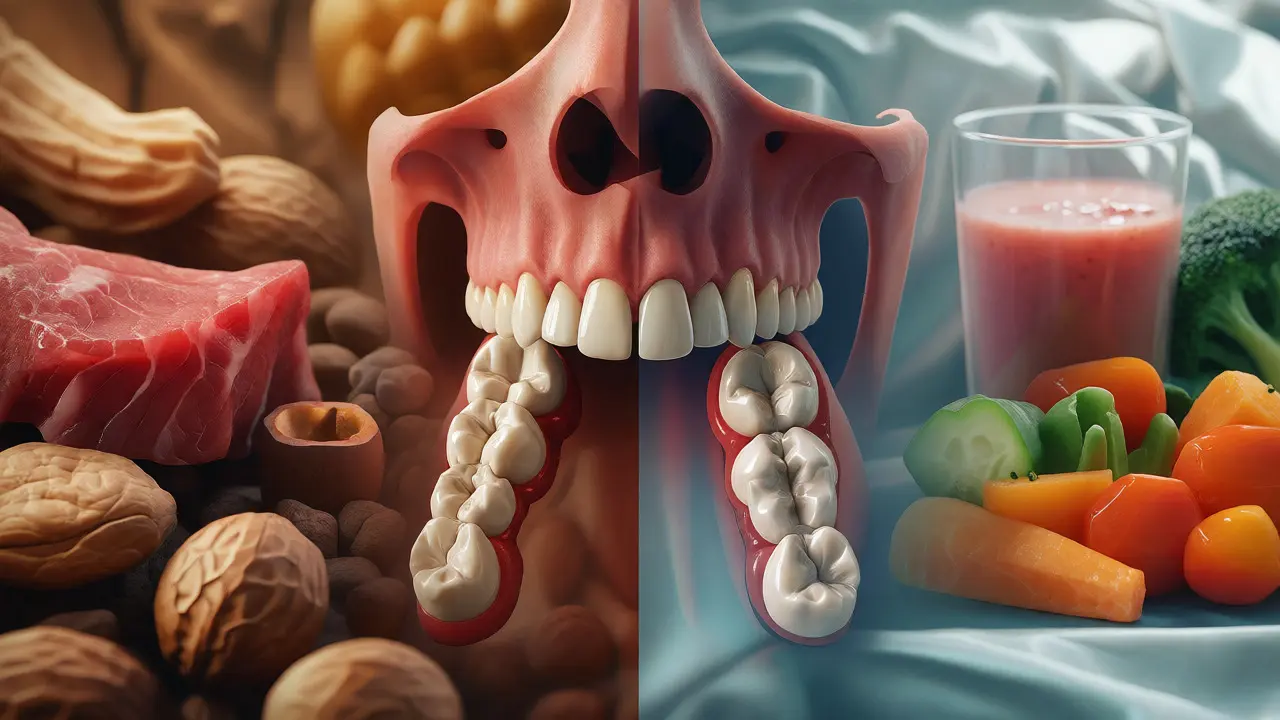 Konceptuální ilustrace evoluce zubů a problémů s moudrostmi kvůli měkčí stravě.