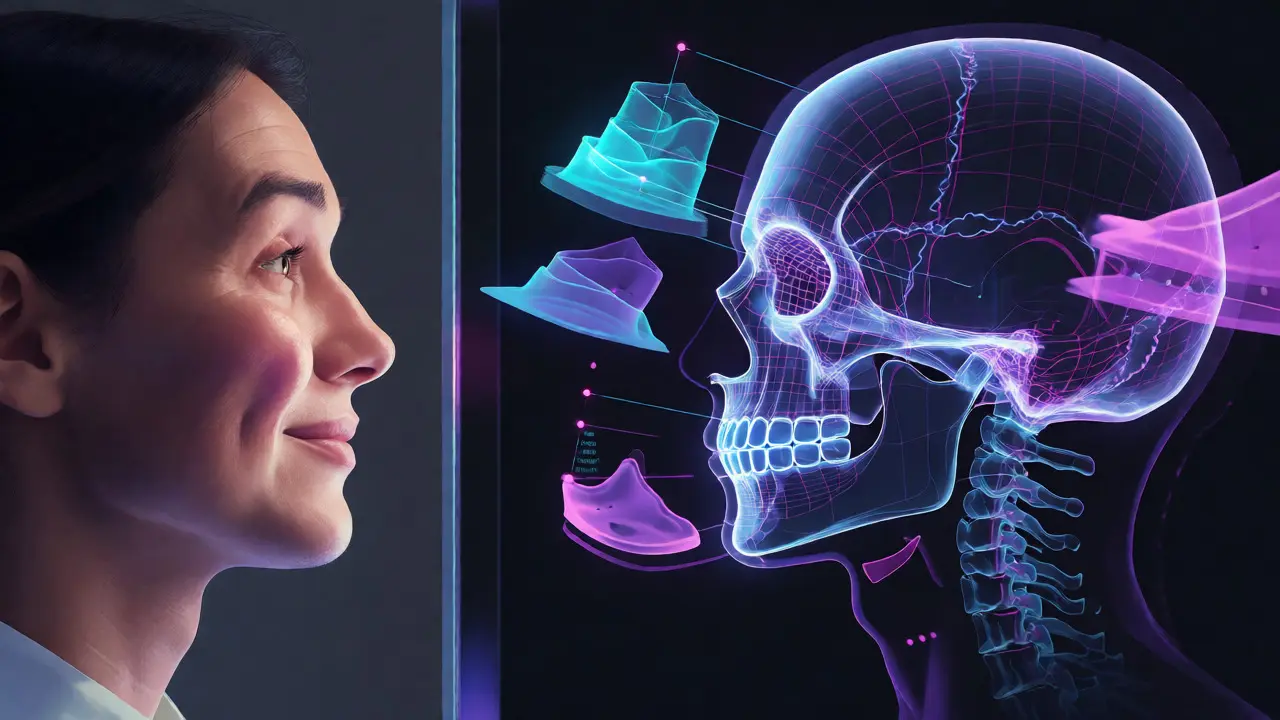 Konceptuální ilustrace propojující pacienta po operaci s digitálním 3D plánováním