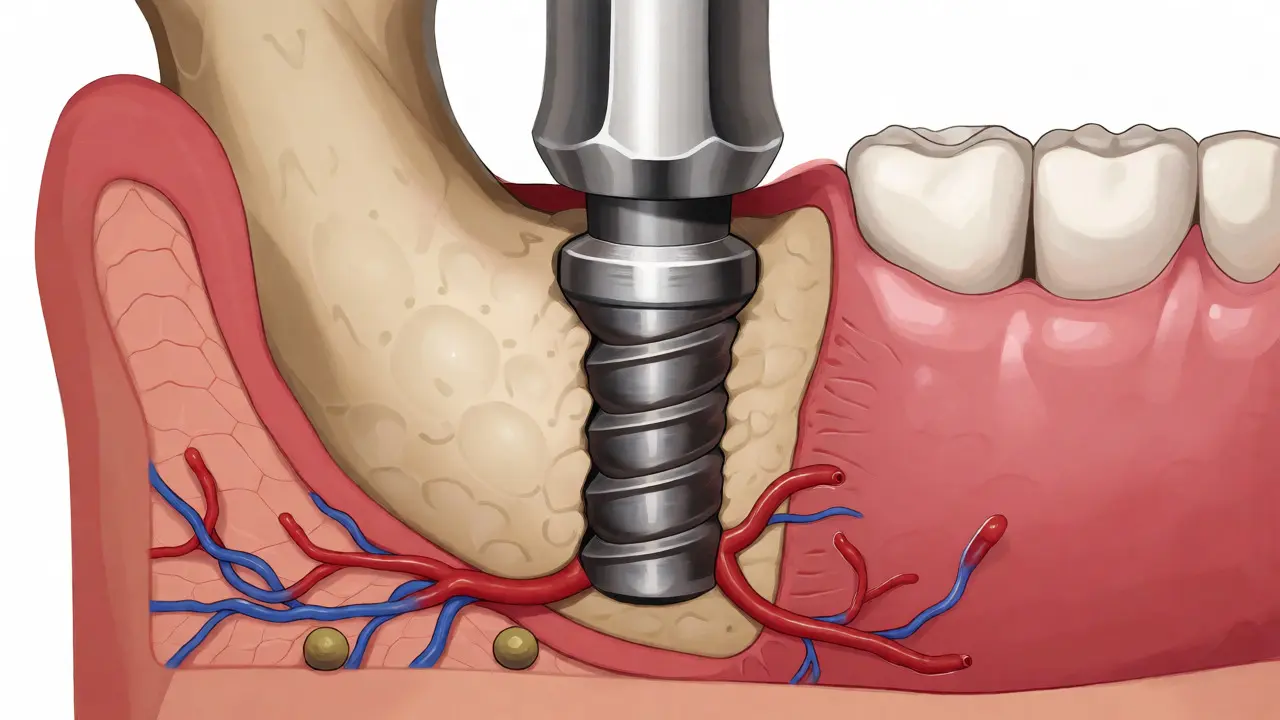 Lékařská ilustrace srůstání implantátu s čelistní kostí