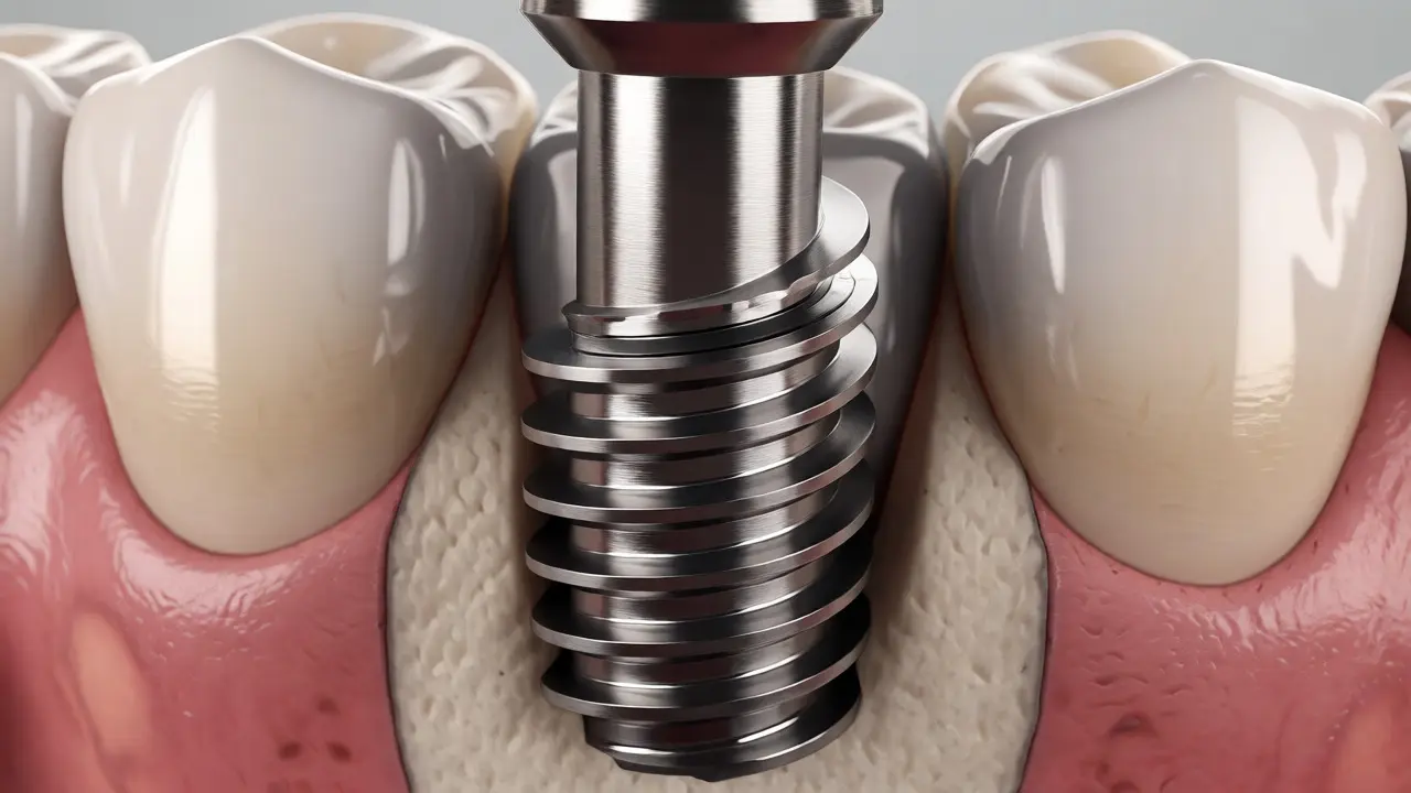 Makro snímek titanového zubního implantátu zaváděného do čelistní kosti.
