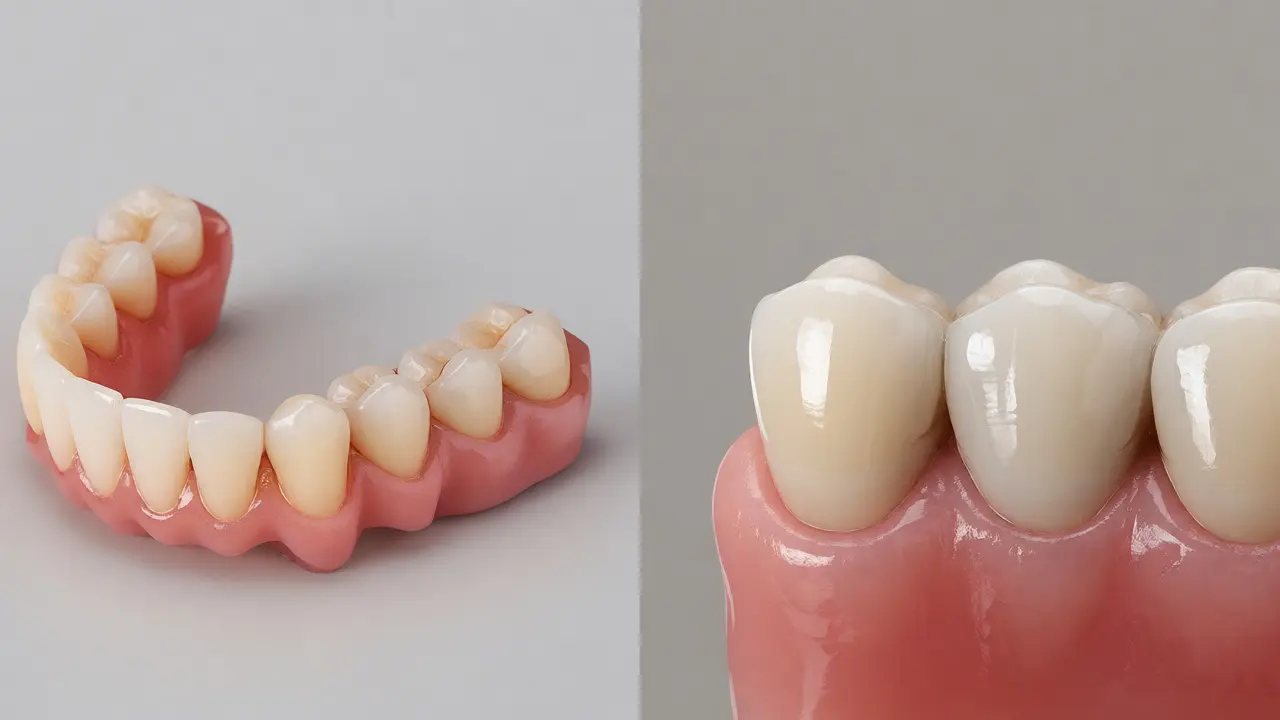 Porovnání snímatelné částečné protézy a fixního keramického můstku na neutrálním pozadí.