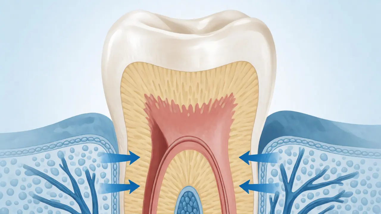 Průřez zubem ukazující odhalený dentin a kanálky