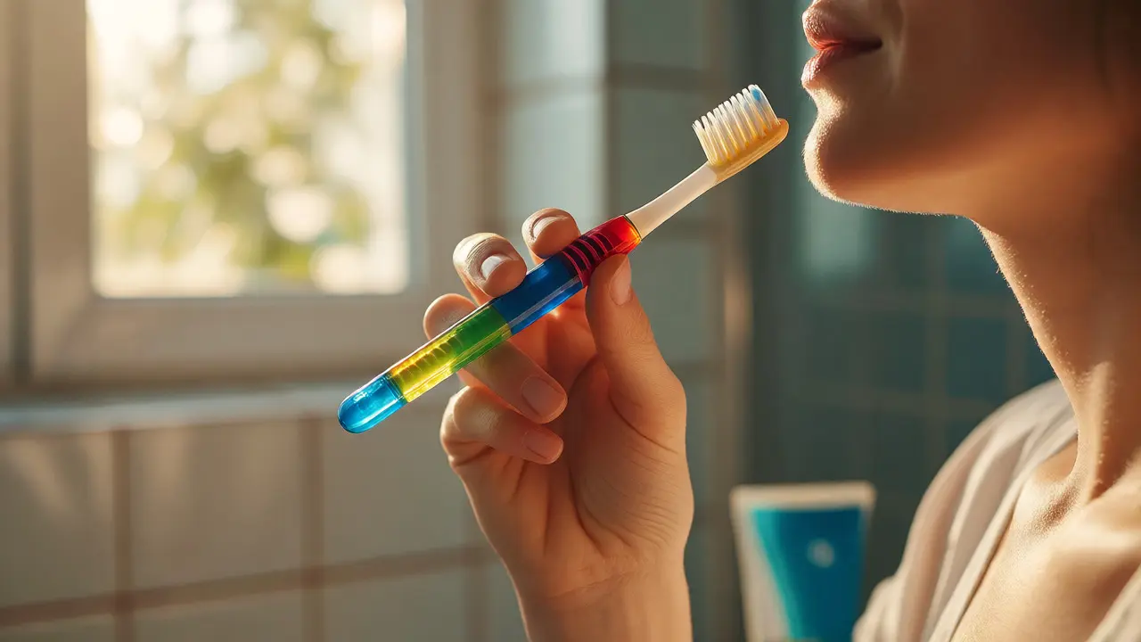 Ruka držící barevný kartáček Curaprox v technice jako pero