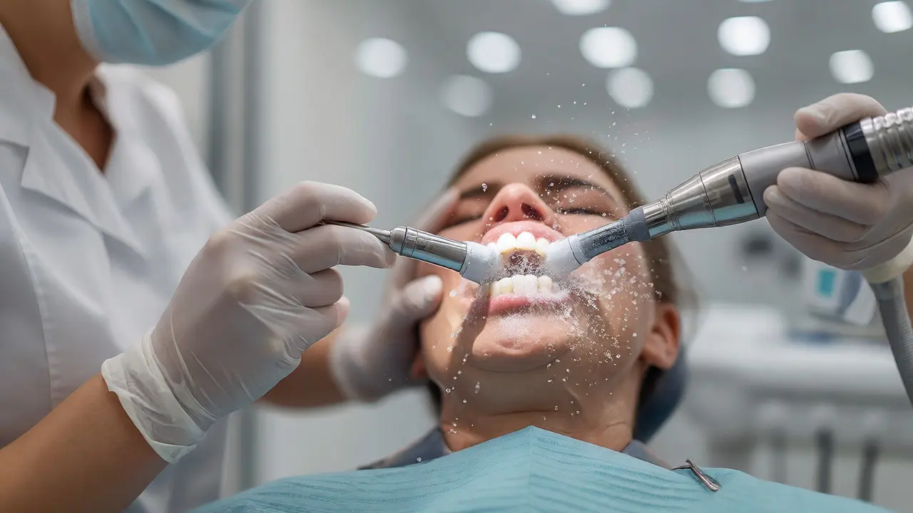 Dentální hygiena s aplikací proudu vody a vzduchu pro odstranění skvrn.