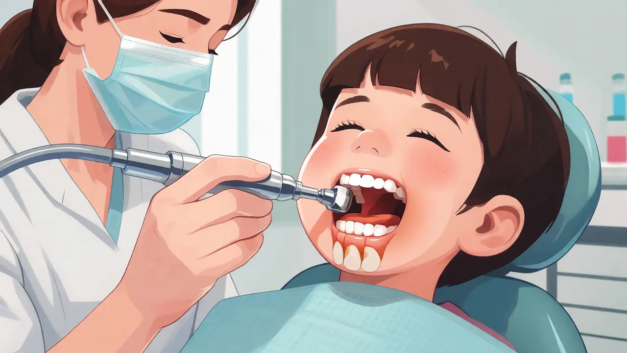 Dentální hygienista odstraňuje zubní kámen u dítěte pomocí ultrazvuku