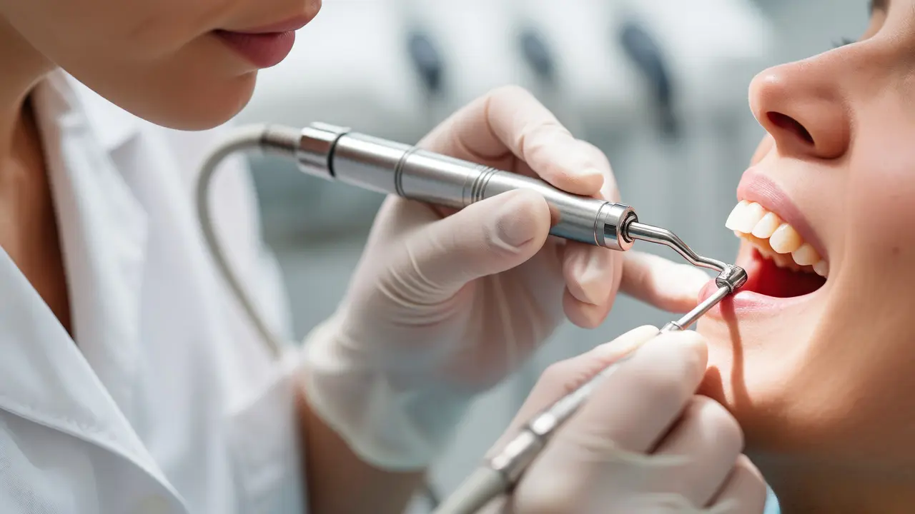 Dentální hygienistka odstraňuje zubní kámen ultrazvukem