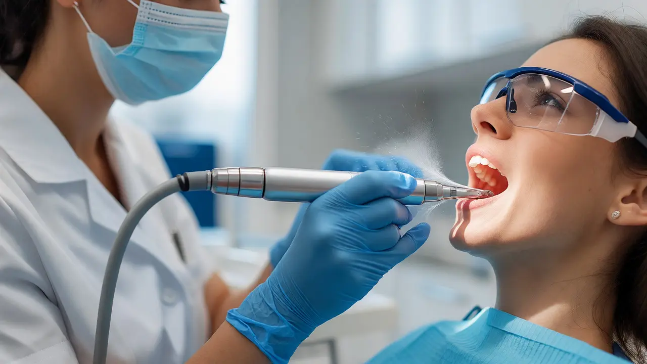 Dentální hygienistka provádí ultrazvukové čištění zubů pacienta v ordinaci