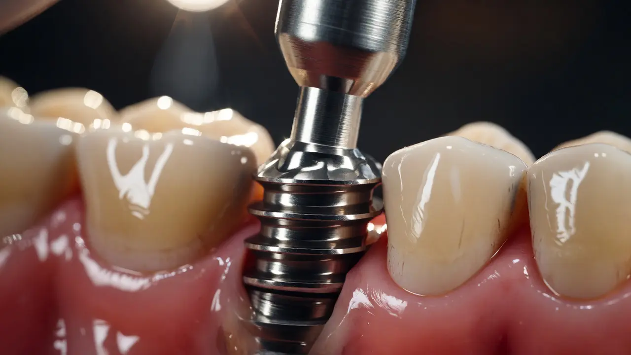 Detailní pohled na zavádění titanového zubního implantátu do čelisti
