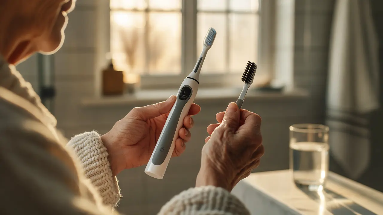 Ruce seniorky držící elektrický kartáček a mezizubní pomůcky