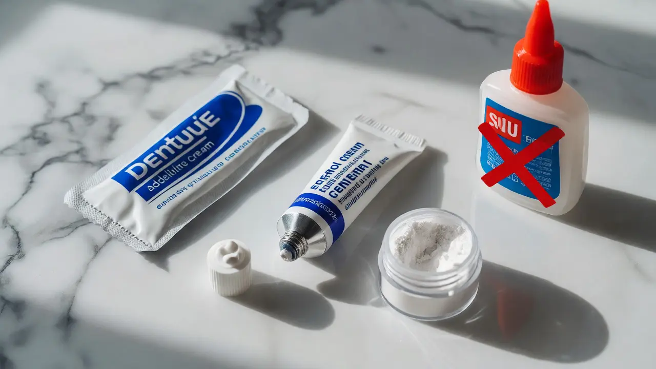 Různé typy dentálních lepidel a tmelů na bílém pozadí s přeškrtnutým vteřinovým lepidlem.
