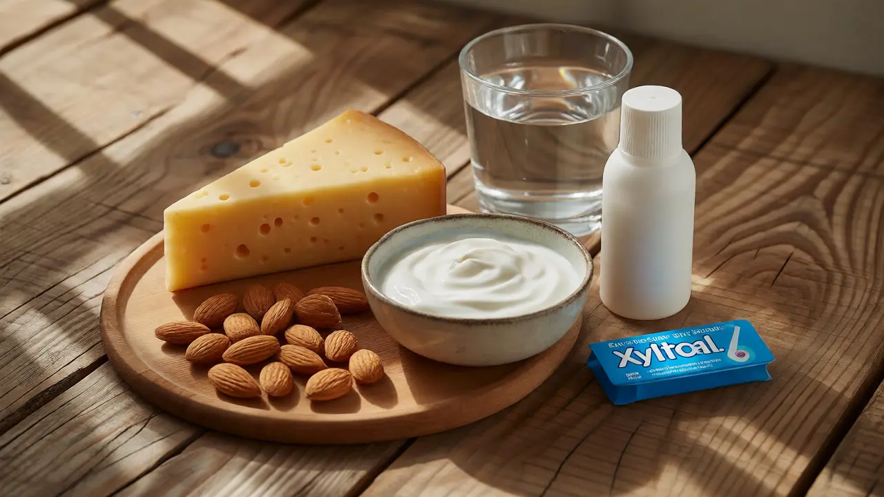 Zdravé potraviny a dentální produkty pro prevenci kazu